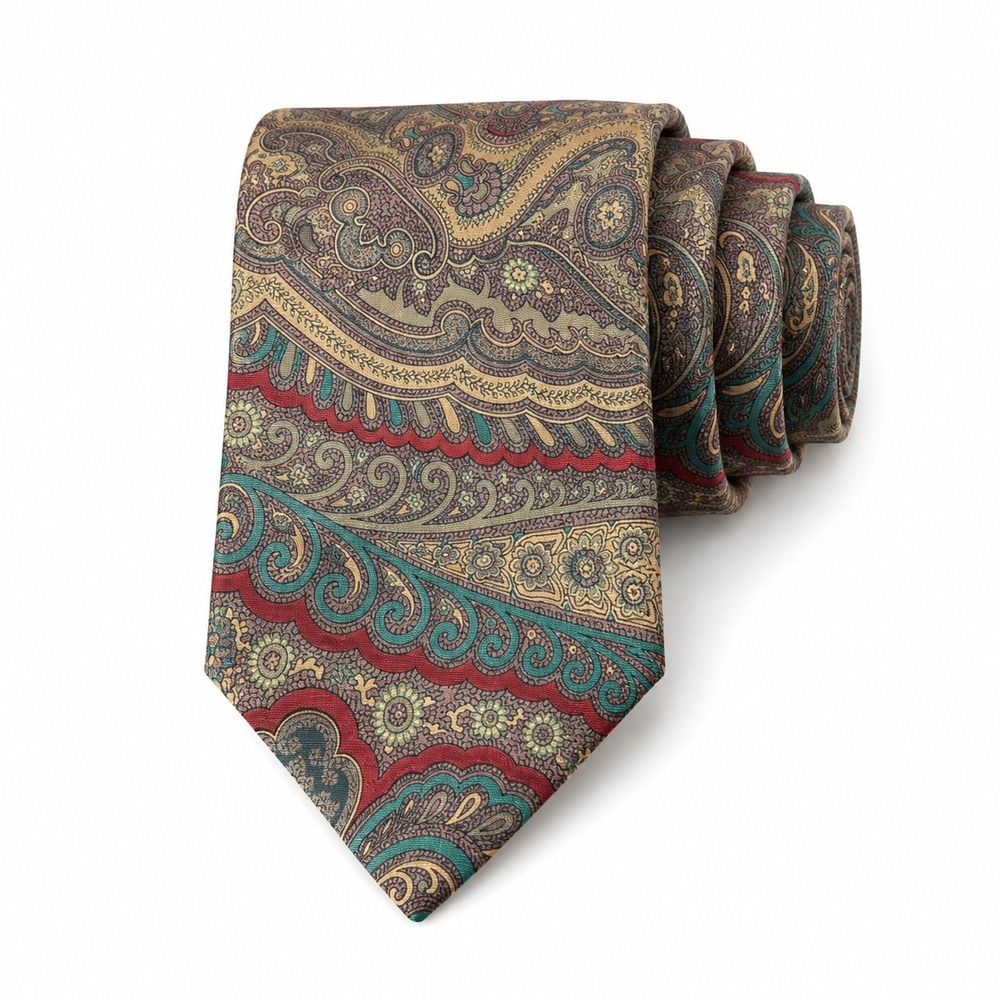 Polo Ralph Lauren Mens Silk Tie Red Gold Green Paisley Hand Made in USA Italy